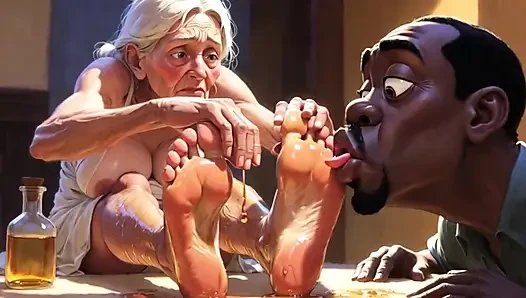 Miniatura de Adoración de pies de abuela vieja - hombre lamiendo suelas arrugadas aceitadas