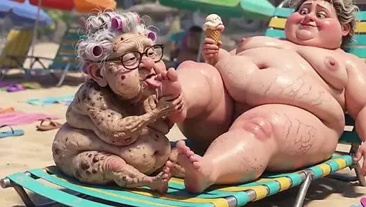 Miniatura de Abuela mayor chupando apasionadamente pies de grandota en la playa