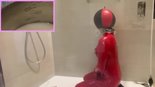 Miniatura de 4 liters Enema in PVC catsuit and latex inflatable mask