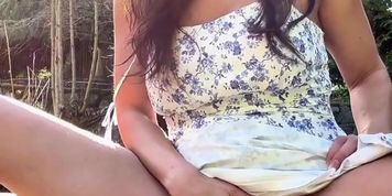Miniatura de Naughty Neighbour MILF Fingers Upskirt and Squirts Outdoors