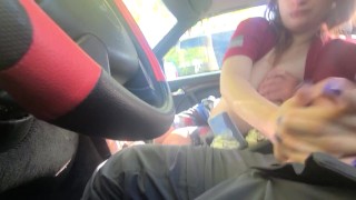 Miniatura de Public hand job! Risky!!! She swallows up all the cum!