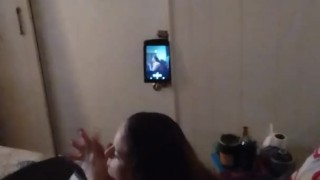 Miniatura de White cute milf in night dress smoking and watching TV
