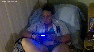 Miniatura de Pretty busty girl in her unbutton base ball jersey showing off bra and panties, feet and cleavage